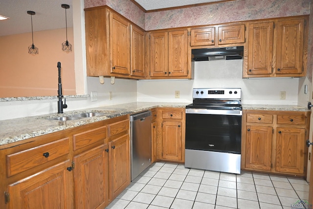 811 Georgia Ln, Longview, TX 75604 - kitchen featuring appliances with stainless steel finishes, ventilation hood, brown cabinets, and light tile patterned floors