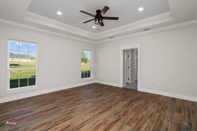 unfurnished room with a tray ceiling, crown molding, and a healthy amount of sunlight