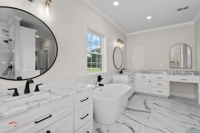 bathroom featuring vanity, ornamental molding, tile walls, and independent shower and bath