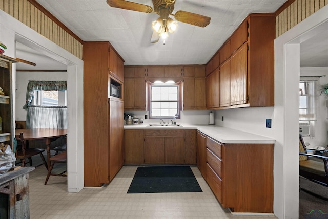 kitchen featuring black microwave, sink, a wealth of natural light, and ceiling fan