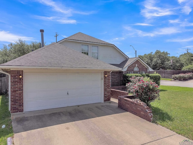 ranch-style house with brick siding, roof with shingles, a front lawn, and fence