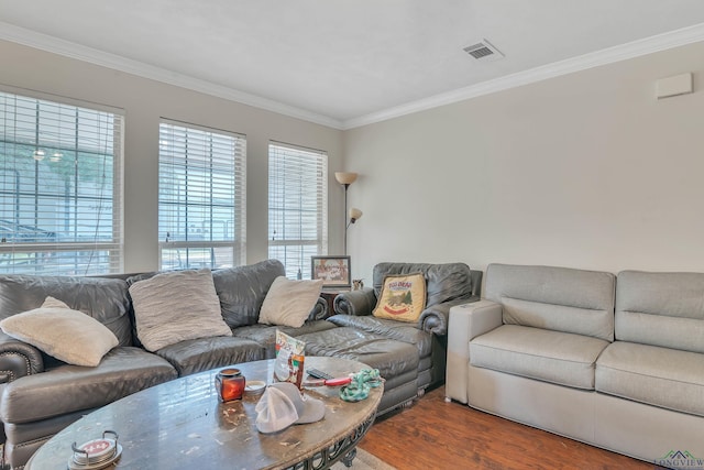 living room featuring wood finished floors, visible vents, and ornamental molding