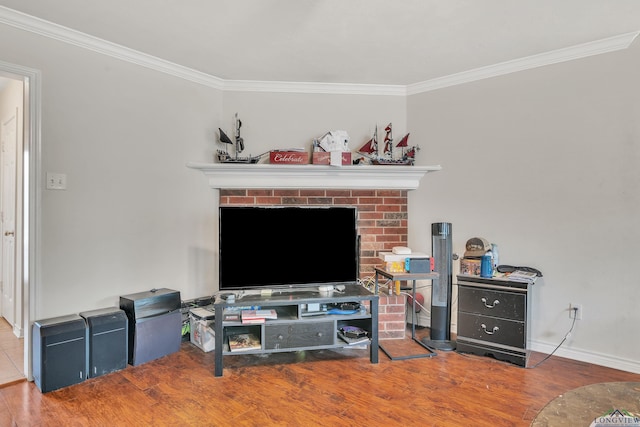living area featuring baseboards, ornamental molding, wood finished floors, and a fireplace
