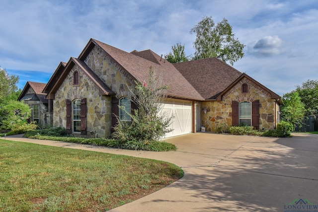 1326 Hermitage Ct, Tyler, TX 75703 - french country style house featuring stone siding, driveway, a garage, a front lawn, and roof with shingles