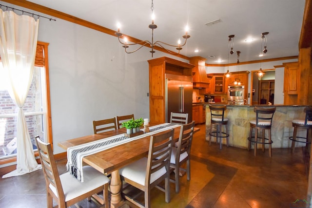 1326 Hermitage Ct, Tyler, TX 75703 - dining room featuring recessed lighting, crown molding, a chandelier, and finished concrete floors