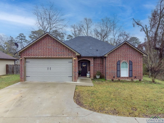 ranch-style house featuring driveway, a garage, a shingled roof, brick siding, and a front yard