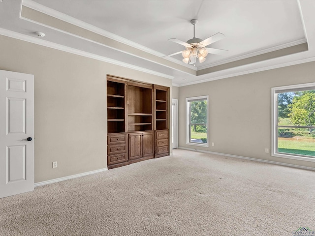 interior space featuring a raised ceiling, multiple windows, and ceiling fan