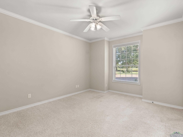 carpeted empty room with ceiling fan and ornamental molding