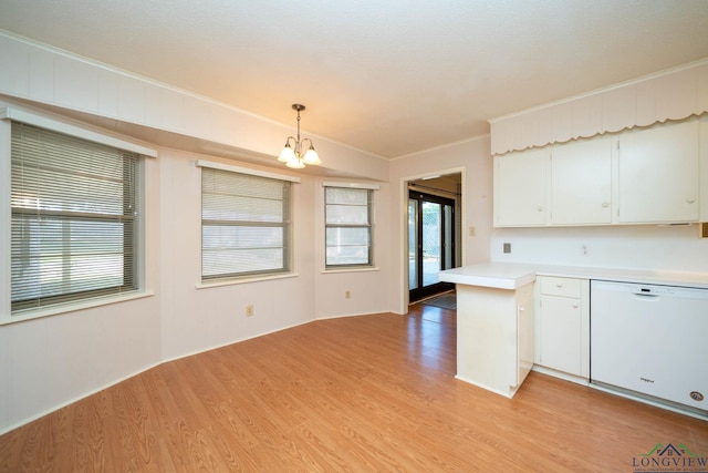 kitchen with white cabinetry, dishwasher, light hardwood / wood-style flooring, kitchen peninsula, and decorative light fixtures