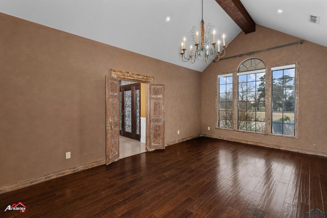 interior space with lofted ceiling with beams, hardwood / wood-style flooring, and an inviting chandelier