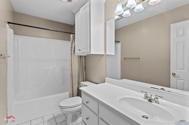 full bathroom with tile patterned flooring, vanity, shower / tub combo, and toilet