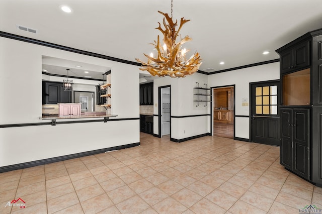 interior space featuring tasteful backsplash, ornamental molding, light tile patterned floors, decorative light fixtures, and a chandelier