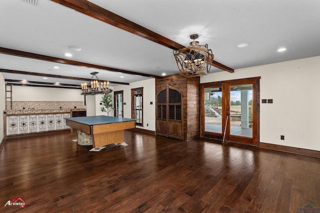 playroom featuring french doors, dark wood-type flooring, billiards, beamed ceiling, and a chandelier