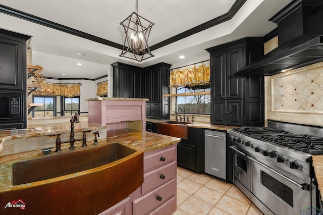 kitchen featuring sink, premium range hood, stainless steel appliances, and ornamental molding