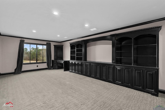 home theater with light carpet and crown molding