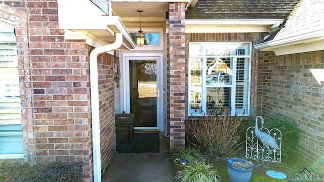 doorway to property with a shingled roof and brick siding