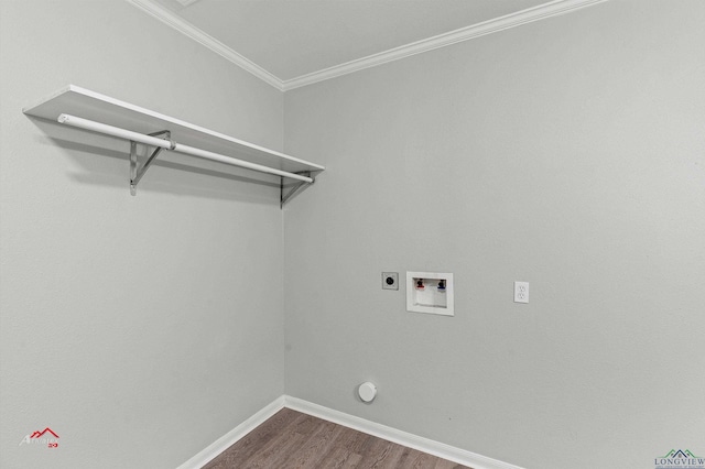 laundry room featuring washer hookup, hookup for an electric dryer, ornamental molding, and hardwood / wood-style floors