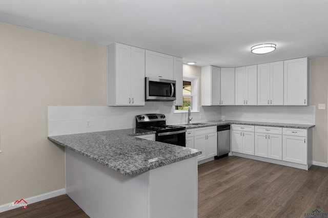 kitchen with kitchen peninsula, stainless steel appliances, sink, white cabinets, and dark hardwood / wood-style floors