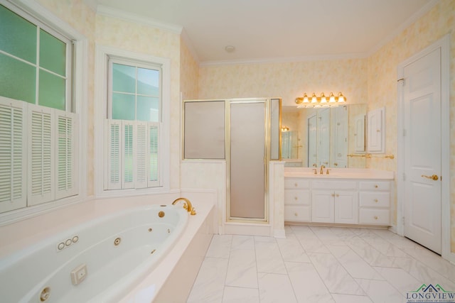 7 Summer Creek Way, Longview, TX 75604 - full bath featuring vanity, a shower stall, crown molding, a jetted tub, and wallpapered walls