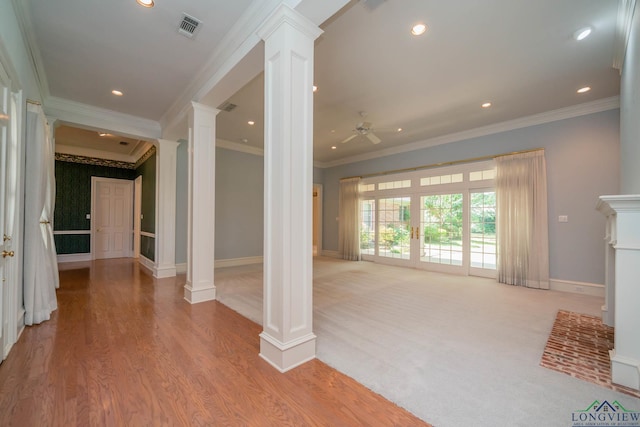 7 Summer Creek Way, Longview, TX 75604 - unfurnished living room with ornate columns, ornamental molding, a ceiling fan, recessed lighting, and wood finished floors