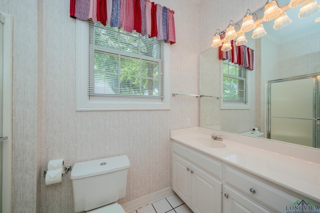 7 Summer Creek Way, Longview, TX 75604 - bathroom with vanity, wallpapered walls, tile patterned flooring, and a shower with door
