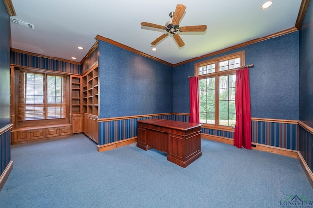 7 Summer Creek Way, Longview, TX 75604 - carpeted office space with crown molding, wallpapered walls, recessed lighting, a wainscoted wall, and ceiling fan