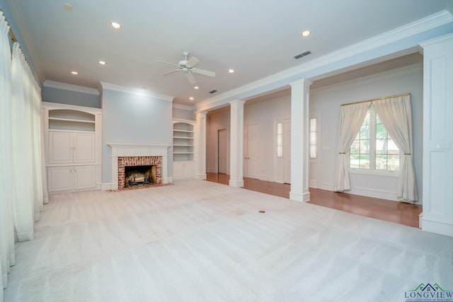 7 Summer Creek Way, Longview, TX 75604 - unfurnished living room featuring decorative columns, ceiling fan, light carpet, ornamental molding, and recessed lighting
