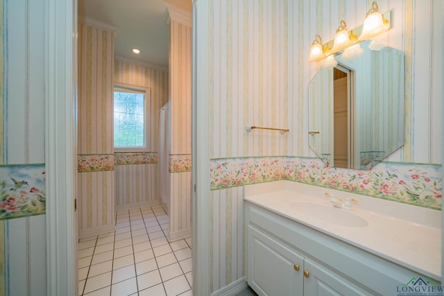 7 Summer Creek Way, Longview, TX 75604 - full bathroom with wallpapered walls, vanity, tile patterned floors, recessed lighting, and ornamental molding