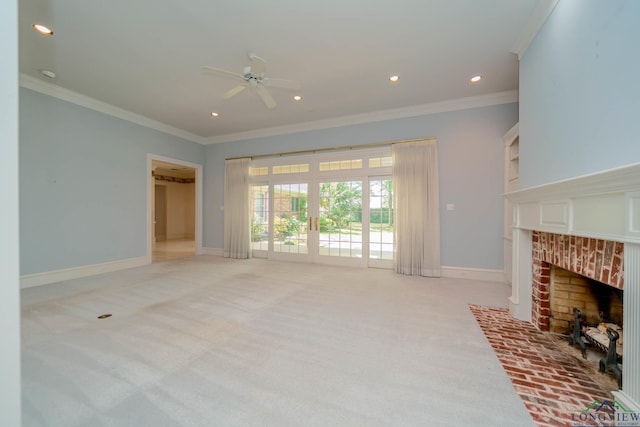 7 Summer Creek Way, Longview, TX 75604 - unfurnished living room with light carpet, crown molding, a ceiling fan, a fireplace, and recessed lighting