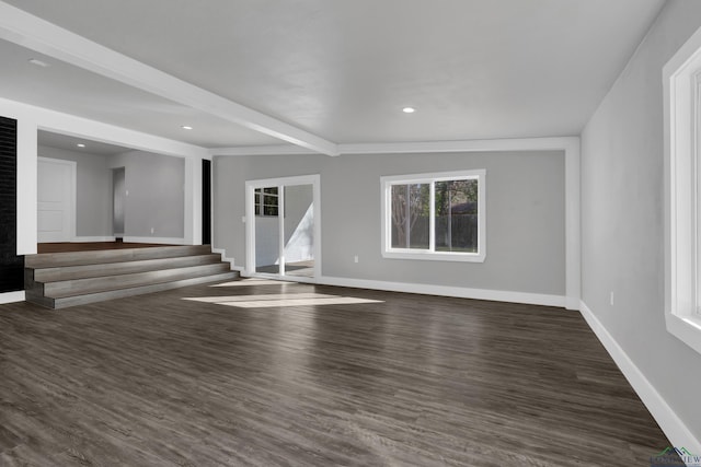 unfurnished living room featuring beam ceiling and dark hardwood / wood-style flooring