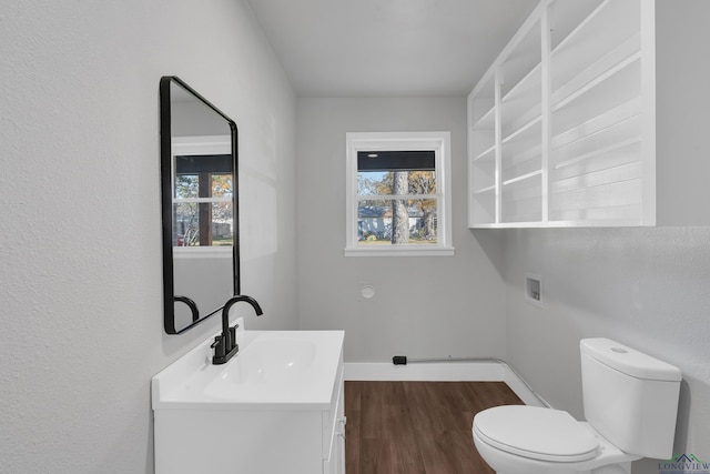 bathroom with vanity, wood-type flooring, and toilet