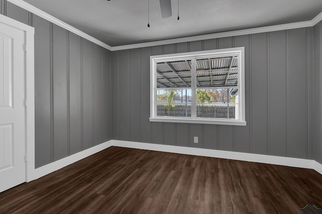 spare room with crown molding, ceiling fan, and hardwood / wood-style flooring