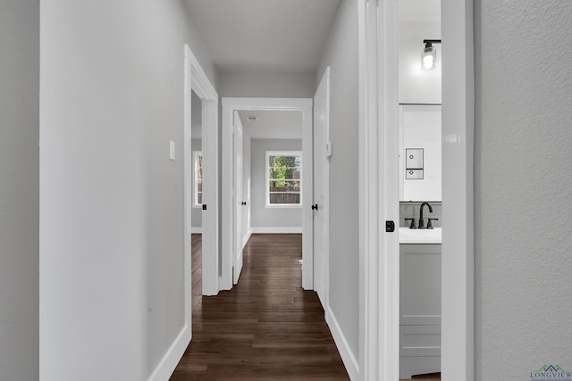 corridor with dark wood-type flooring