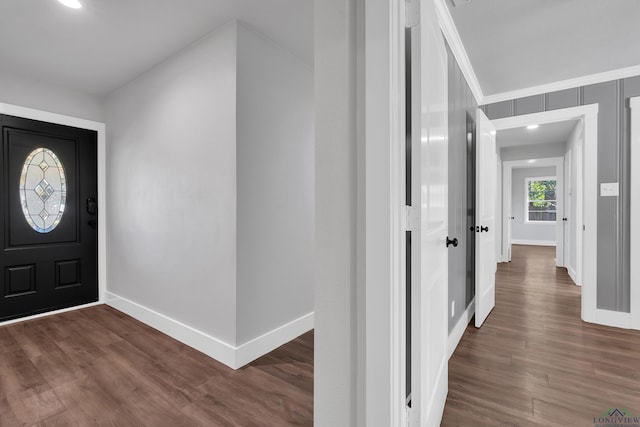 entrance foyer with dark hardwood / wood-style floors and ornamental molding