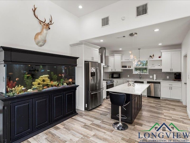 kitchen with a center island, hanging light fixtures, decorative backsplash, white cabinets, and appliances with stainless steel finishes