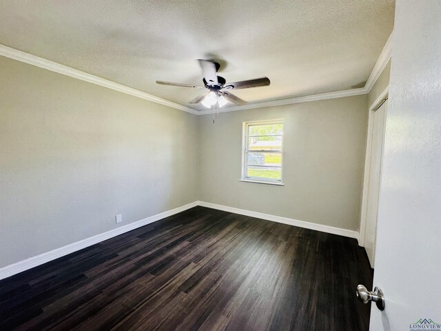 2317 Kaynell Dr, Henderson, TX 75654 - empty room featuring baseboards, a ceiling fan, a textured ceiling, crown molding, and dark wood finished floors