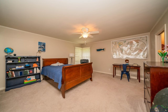 604 Woodcrest Ln, Longview, TX 75601 - bedroom with light carpet, baseboards, ornamental molding, and a ceiling fan