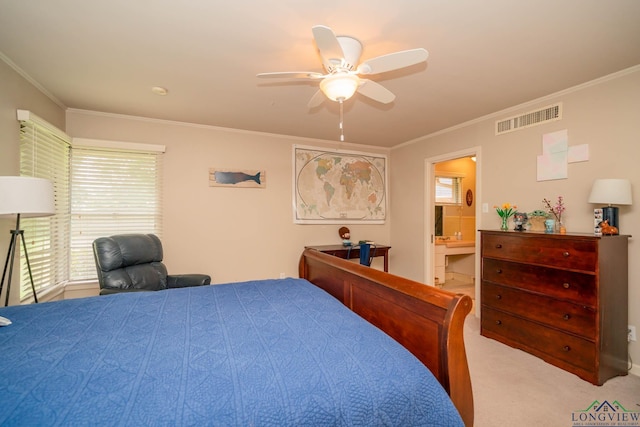 604 Woodcrest Ln, Longview, TX 75601 - bedroom with crown molding, light carpet, a ceiling fan, and connected bathroom