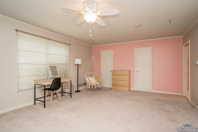 604 Woodcrest Ln, Longview, TX 75601 - carpeted office with a ceiling fan, crown molding, baseboards, and plenty of natural light