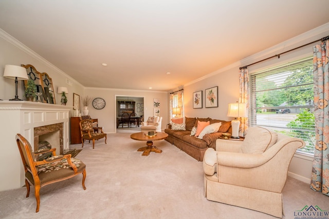 604 Woodcrest Ln, Longview, TX 75601 - living room with carpet floors, healthy amount of natural light, crown molding, and a fireplace
