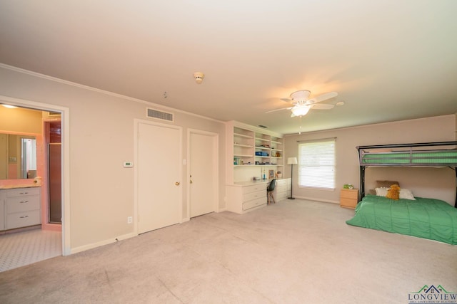 604 Woodcrest Ln, Longview, TX 75601 - bedroom with light colored carpet, baseboards, crown molding, ceiling fan, and connected bathroom