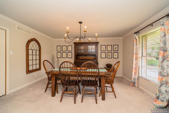 604 Woodcrest Ln, Longview, TX 75601 - dining room featuring light colored carpet, a chandelier, ornamental molding, and baseboards