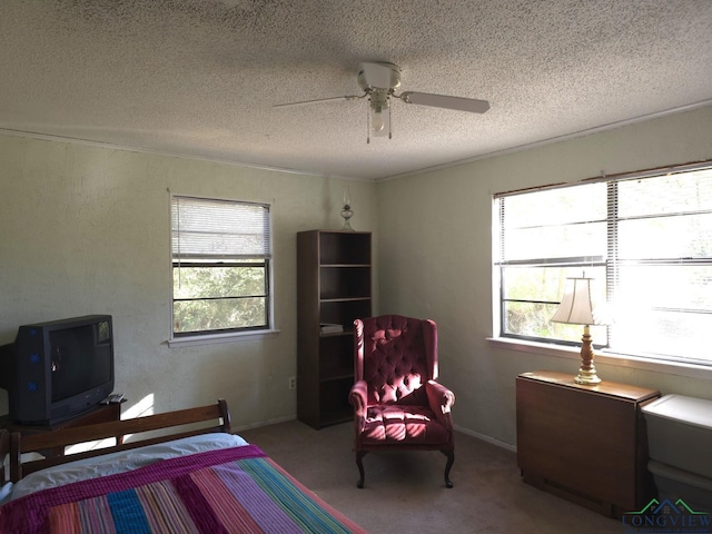 bedroom with multiple windows, ceiling fan, and a textured ceiling