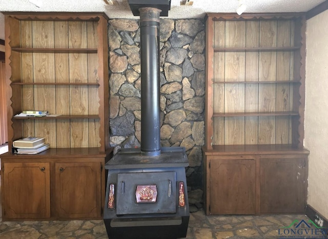 interior details with a wood stove