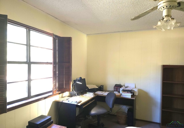 office area featuring wooden walls, a healthy amount of sunlight, and a textured ceiling