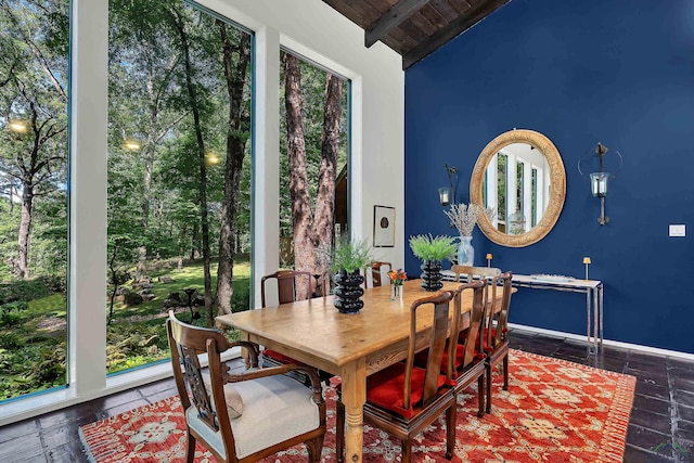 dining area featuring vaulted ceiling with beams, wood ceiling, plenty of natural light, and baseboards