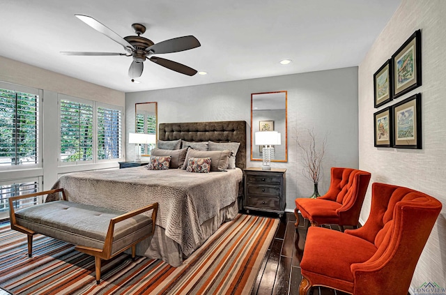bedroom with recessed lighting, ceiling fan, and dark wood-style floors