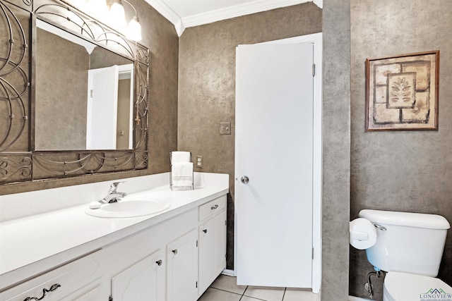 2713 Northridge Dr, Longview, TX 75605 - bathroom with vanity, crown molding, toilet, and tile patterned flooring
