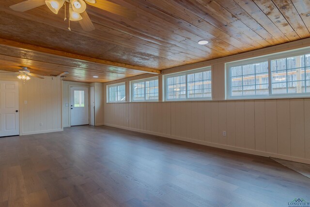 2713 Northridge Dr, Longview, TX 75605 - spare room with a ceiling fan, wooden ceiling, wood finished floors, baseboards, and wooden walls