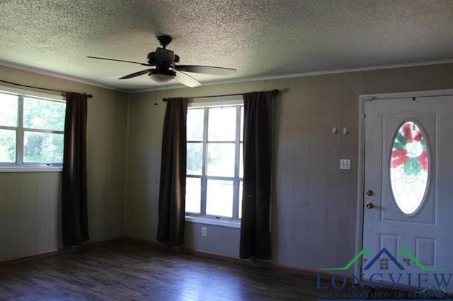 foyer with a textured ceiling, hardwood / wood-style flooring, plenty of natural light, and ceiling fan